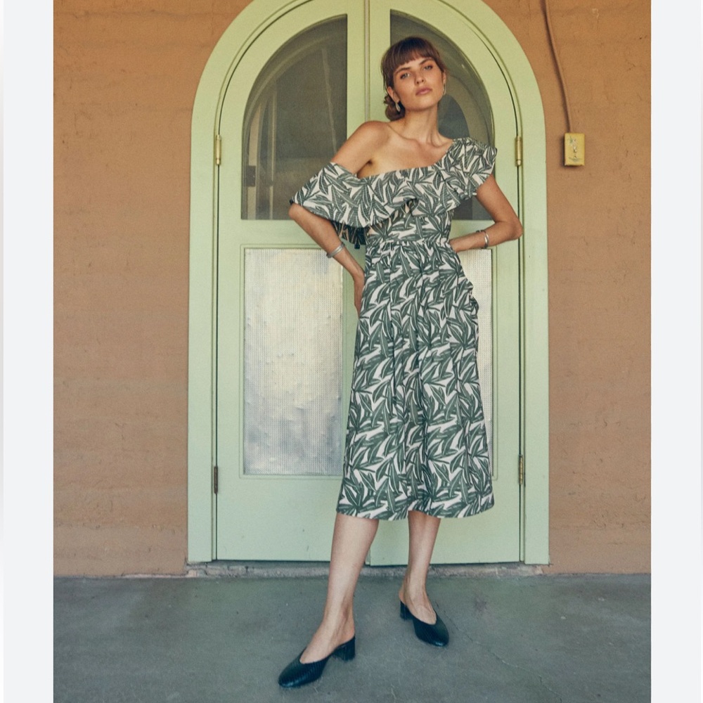 WHIT Leaf-print One-Shouldered Ruffled Midi Sundress 2 NWOT